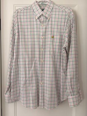 Masters Men's White Button-Down Shirt with Pink & Green Checks
